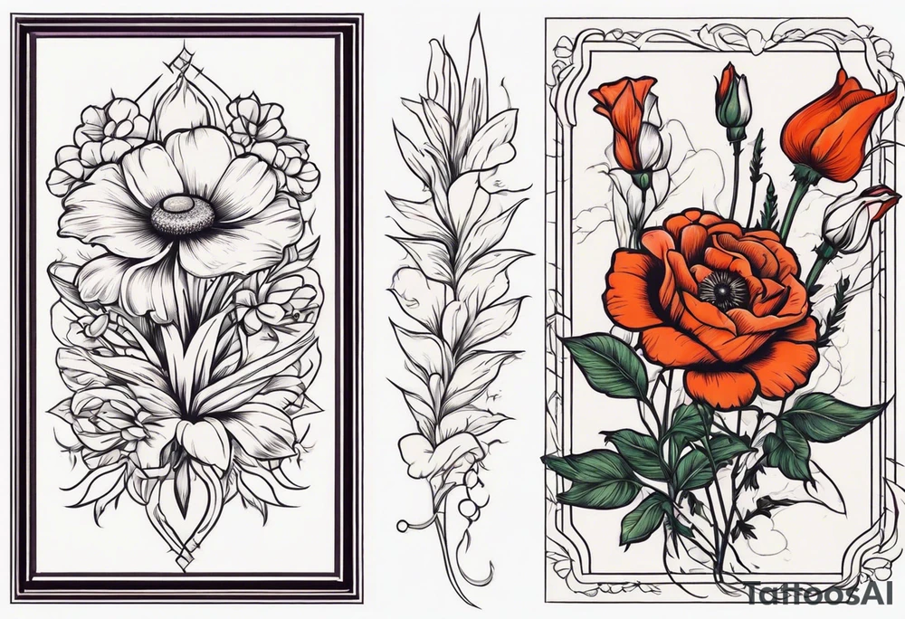 A vintage vertical design of a daisy and a rose with gladiolus flowers and poppies weaving through tattoo idea