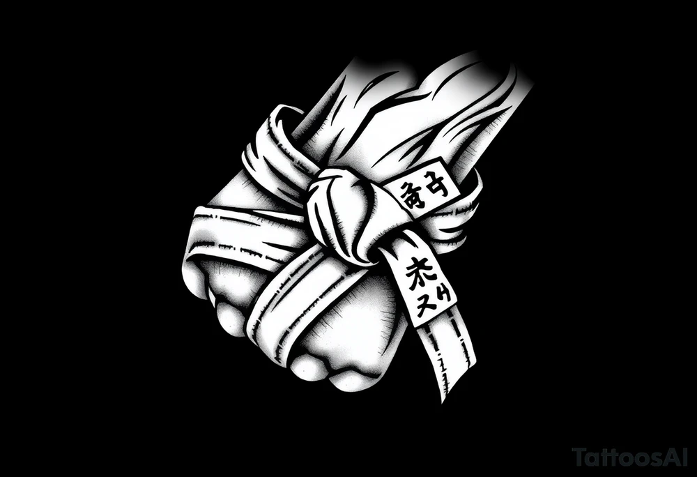 A realistic black and gray tattoo of a Brazilian Jiu-Jitsu black belt wrapping around the wrist like a bracelet. The belt is tied in a knot with one end showing the number 30 and the other showing 24. On the flat end of the belt, two Japanese kanji characters are inked in white: 成長 (growth) and 忍耐 (perseverance). The belt has subtle stitch marks and worn, textured shading for a slightly distressed, authentic look. tattoo idea