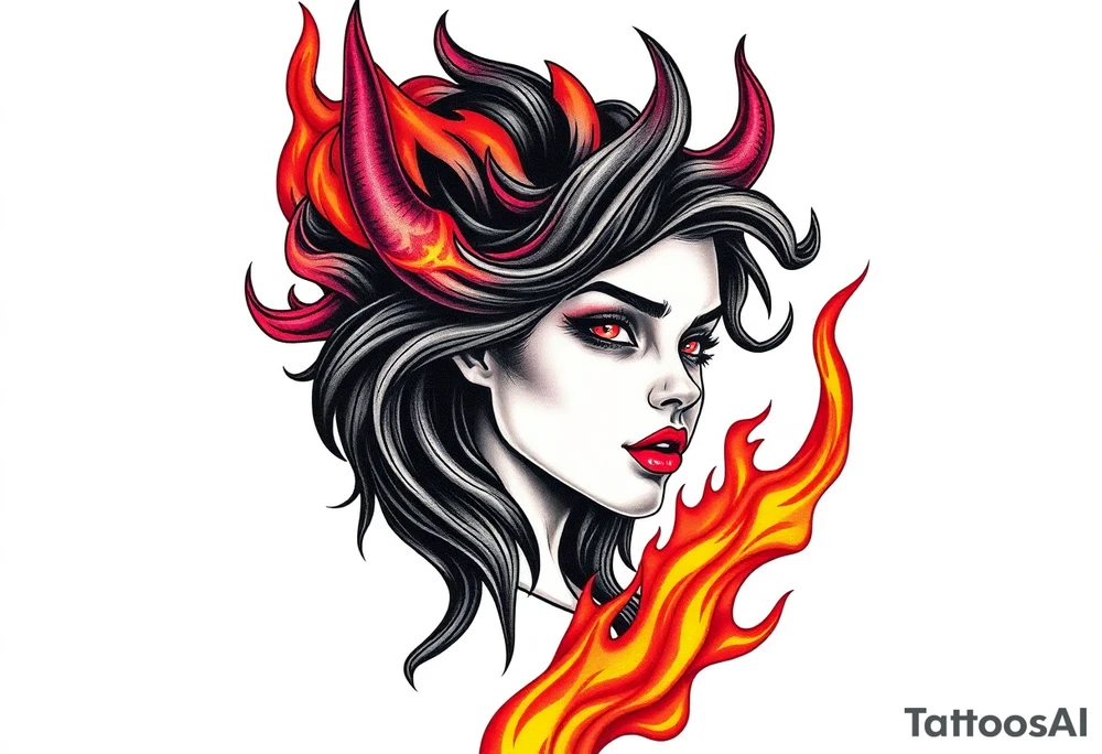 Evil young woman in the flame tattoo idea