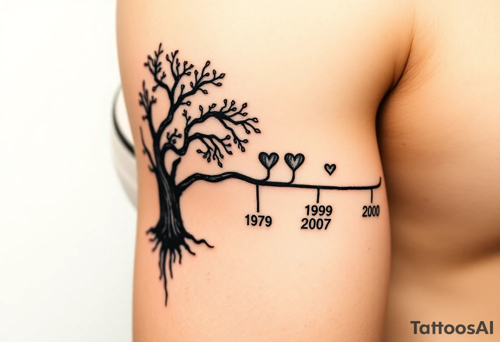 Make a family tree timeline 
With 1 parent year of birth 1957 with a small heart next to it and under it add the  4 kids years of birth 1980, 1989, 1998, 2000 tattoo idea