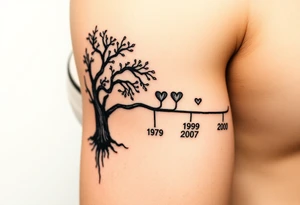 Make a family tree timeline 
With 1 parent year of birth 1957 with a small heart next to it and under it add the  4 kids years of birth 1980, 1989, 1998, 2000 tattoo idea