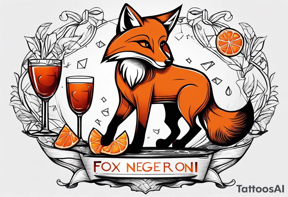 fox with one Negroni in short lowball cocktail glass with ice and orange peel in black tshirt and jeans tattoo idea