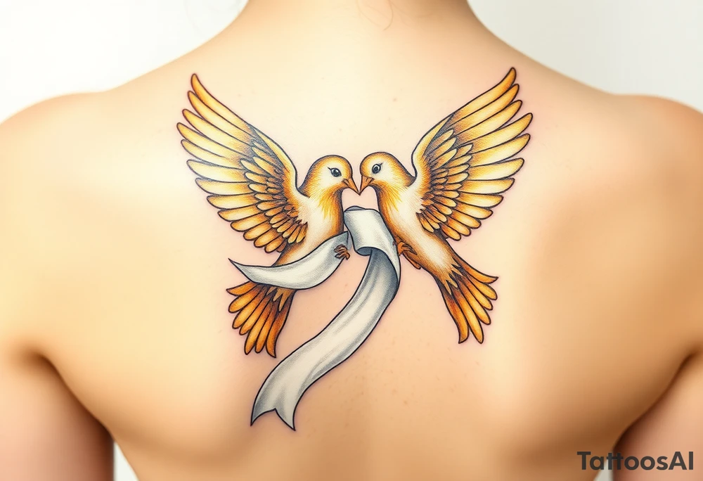 A pair of golden doves holding a soft white silk ribbon, with their wings gently touching tattoo idea