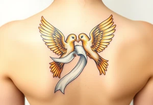 A pair of golden doves holding a soft white silk ribbon, with their wings gently touching tattoo idea