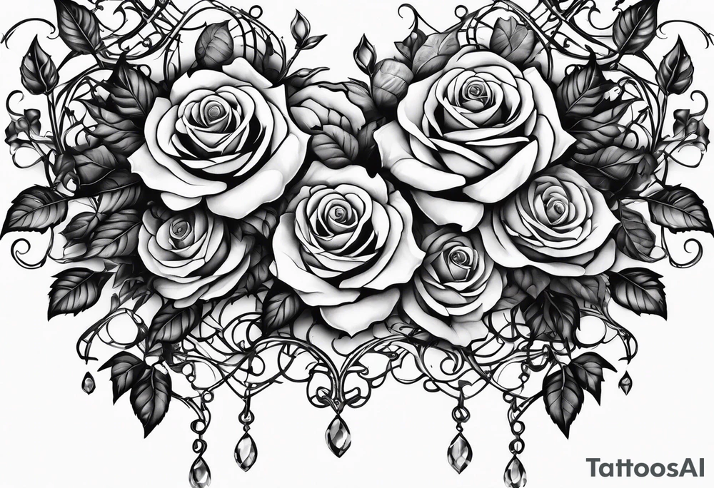 Multiple roses going down a vine with thorns, butterfly wings in the center, spine tattoo tattoo idea