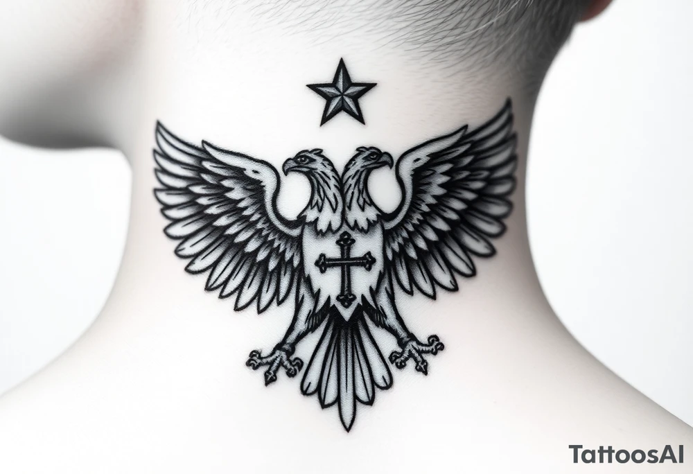 Double-headed eagle outline only (no shading) — suits neck skin which ages differently
Star above, small orthodox cross below tattoo idea