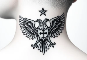 Double-headed eagle outline only (no shading) — suits neck skin which ages differently
Star above, small orthodox cross below tattoo idea