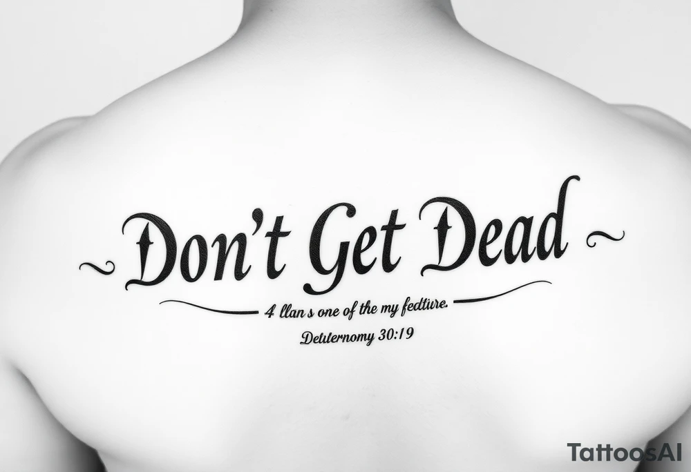 I want a cool design that includes the words “Don’t Get Dead” and includes the scripture reference Deuteronomy 30:19. Also I want something representing each of the 4 members of my family. tattoo idea