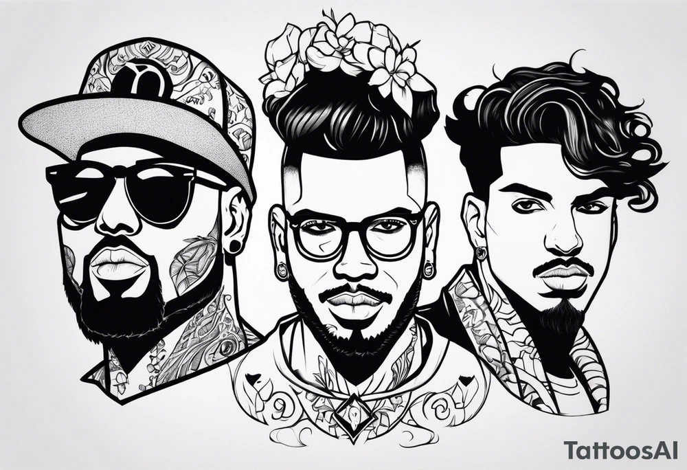 Characters from the albums of Mora, Eladio Carrion, Bad Bunny and Alvaro Diaz tattoo idea