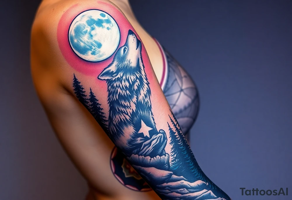Lone wolf howling at the moon in the forest in the night Columba star tattoo idea