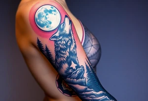 Lone wolf howling at the moon in the forest in the night Columba star tattoo idea