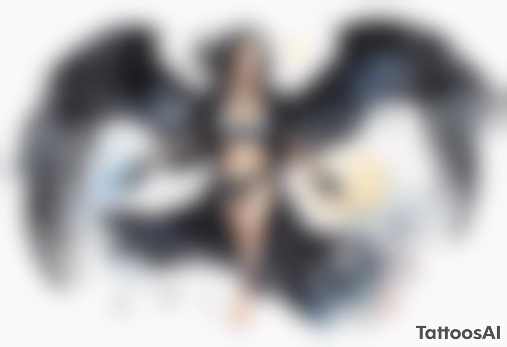 a beautiful 45 year old woman flying in the night sky with black wings, wearing a black cloak and black gloves, bare feet tattoo idea