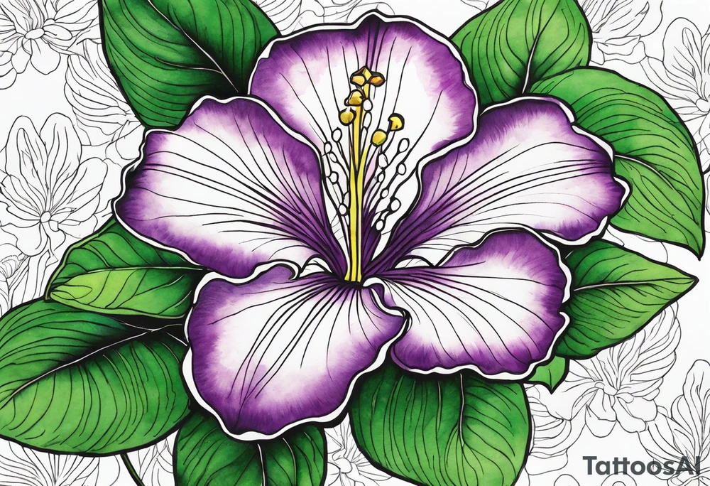 An outline of a rio dipladenia flower with a green and purple watercolor mix in the background tattoo idea