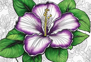 An outline of a rio dipladenia flower with a green and purple watercolor mix in the background tattoo idea