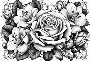 Rose, orchid, lily of the valley, dog wood flowers tattoo idea