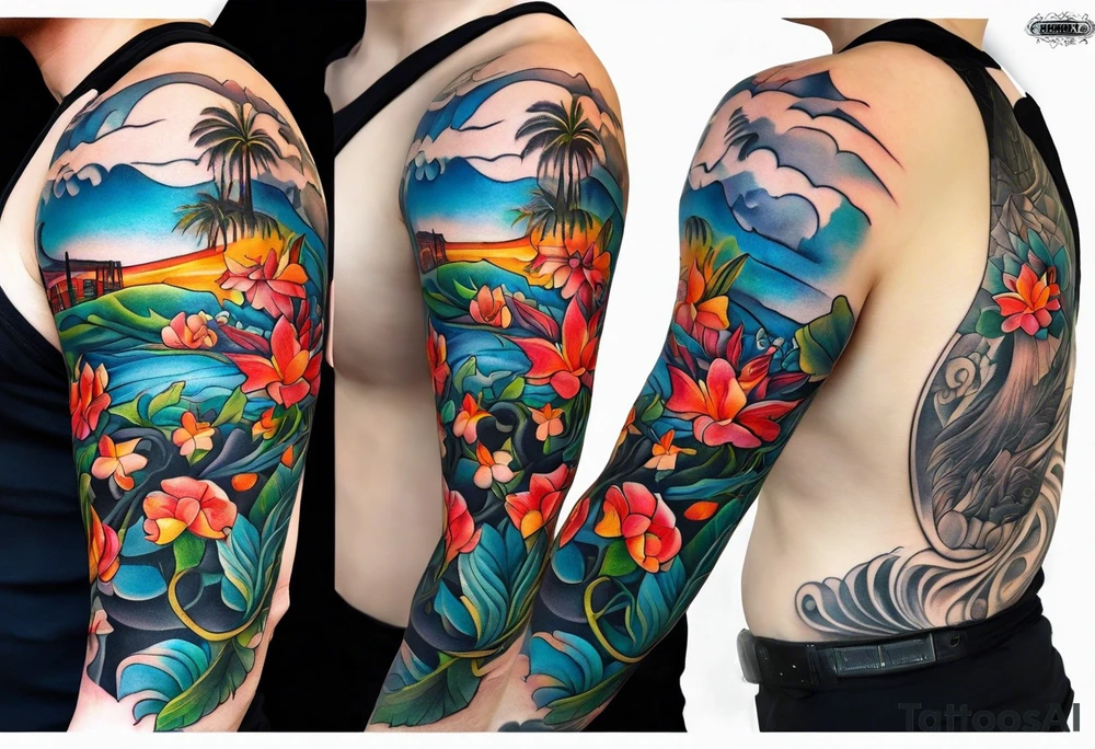california theme upper arm sleeve tattoo idea
