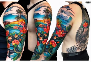 california theme upper arm sleeve tattoo idea