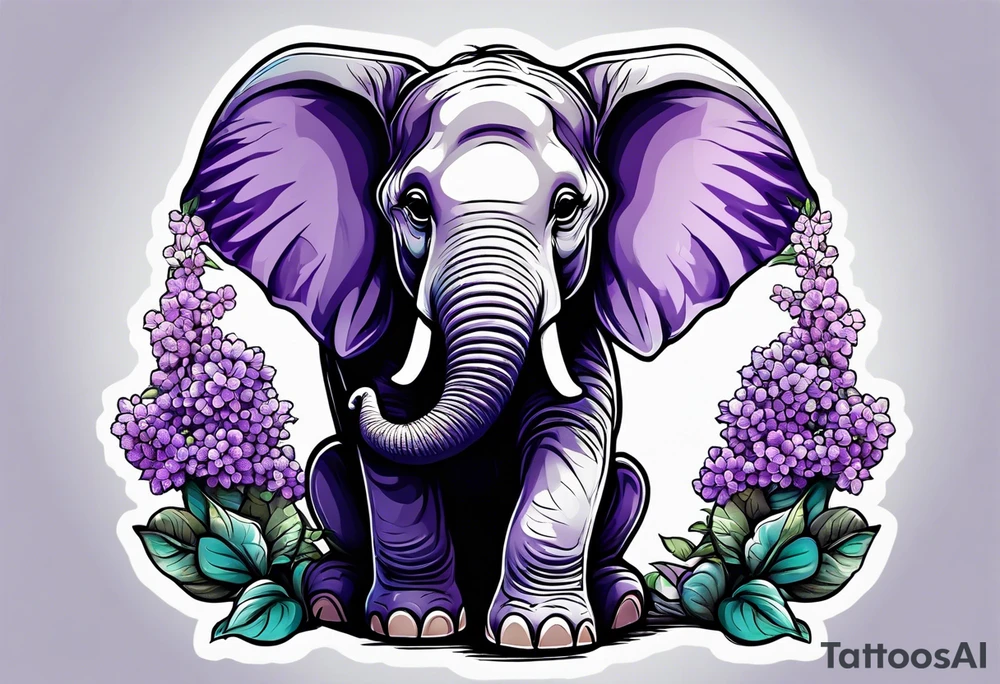 Baby elephant sitting with lilacs in its trunk tattoo idea