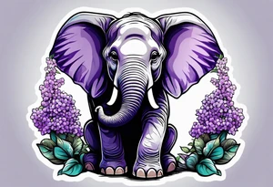 Baby elephant sitting with lilacs in its trunk tattoo idea