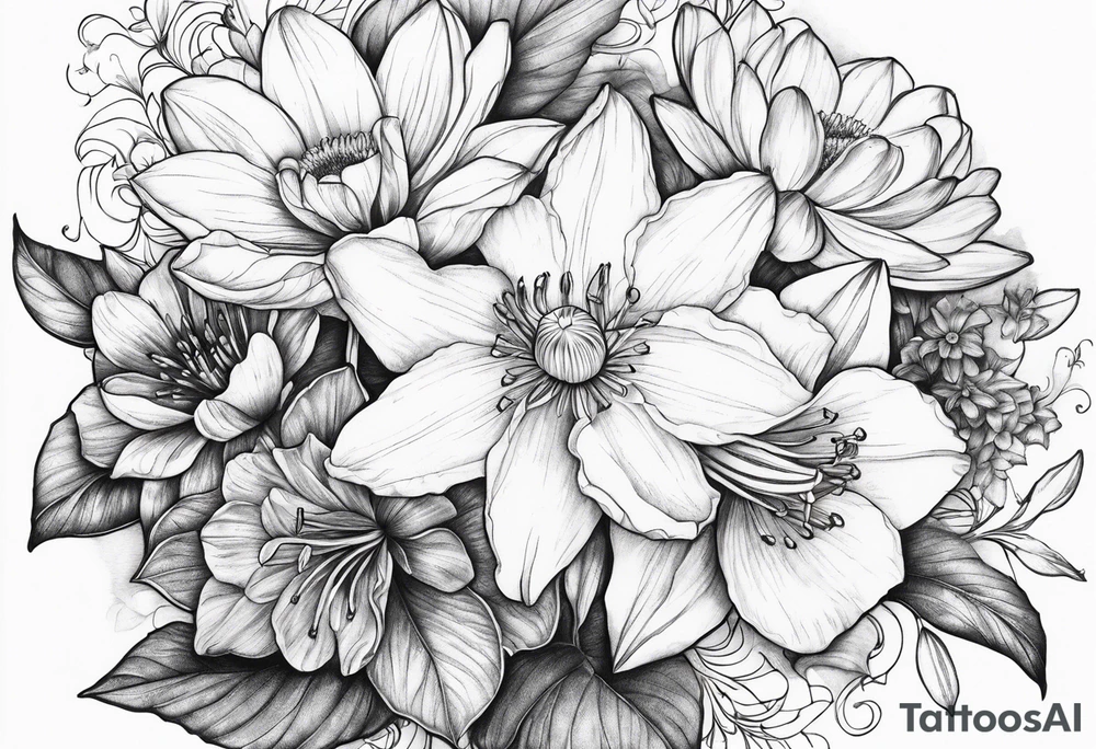Bouquet daffodils water lilies and morning glories tattoo idea