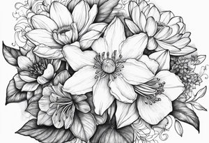 Bouquet daffodils water lilies and morning glories tattoo idea