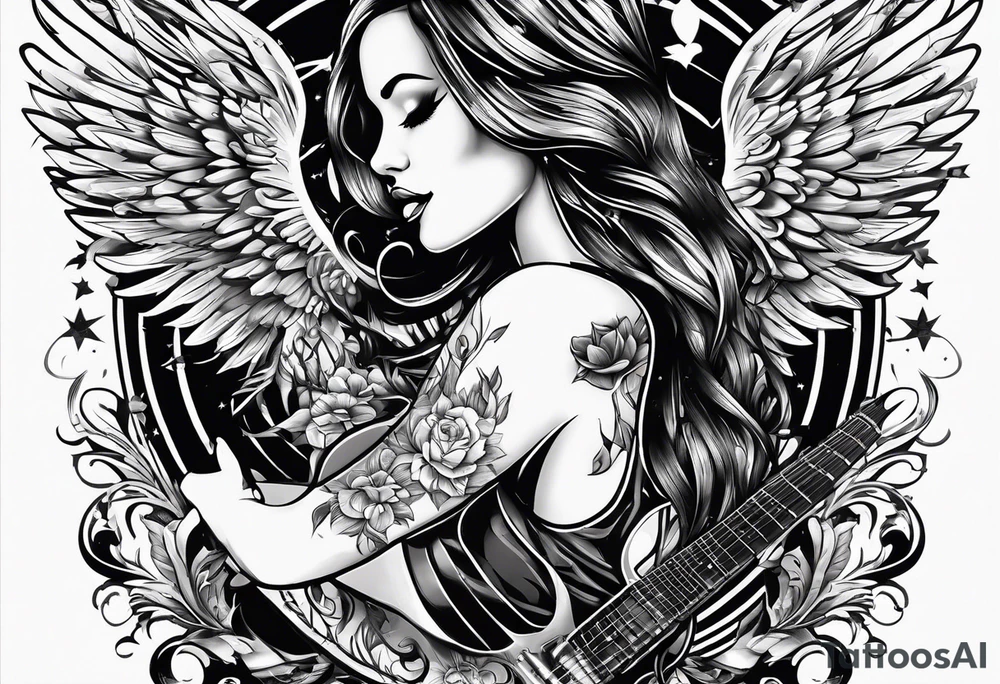 Microphone and musical notes and guitar and wings and female tattoo idea