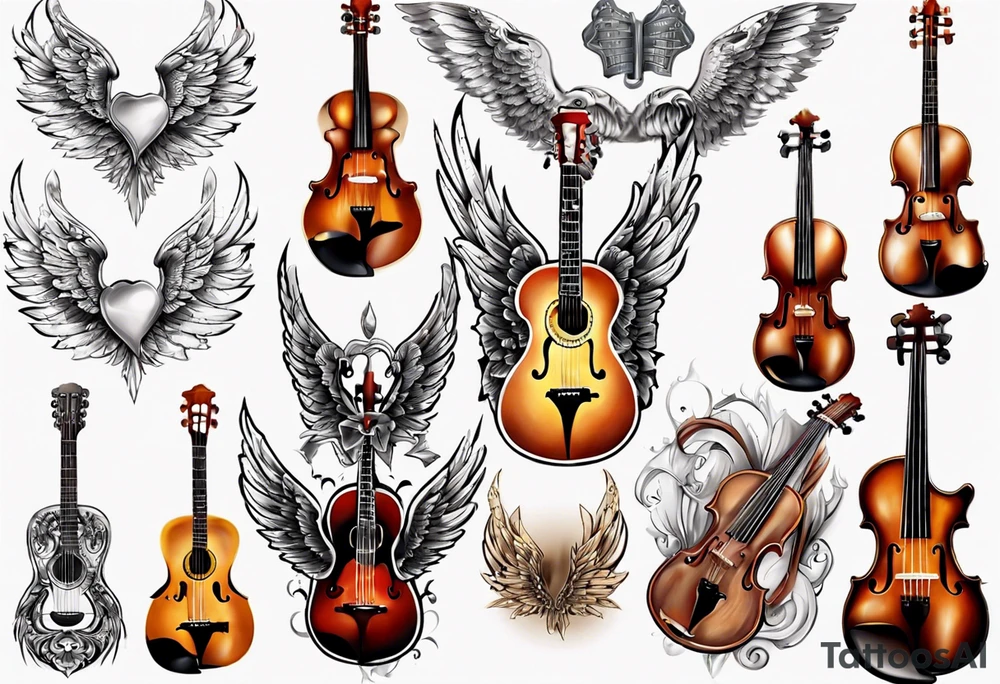 CROSSEED ACOUSTIC GUITAR AND VIOLIN WITH WINGS tattoo idea