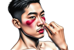 Handsome Asian young guy is putting fighting  make up on protecting from evil tattoo idea