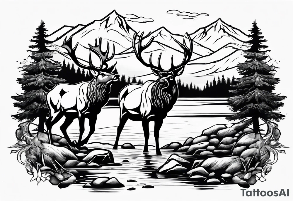 two elk fighting with mountains and stream in background tattoo idea two elk fighting with mountains and stream in background tattoo idea