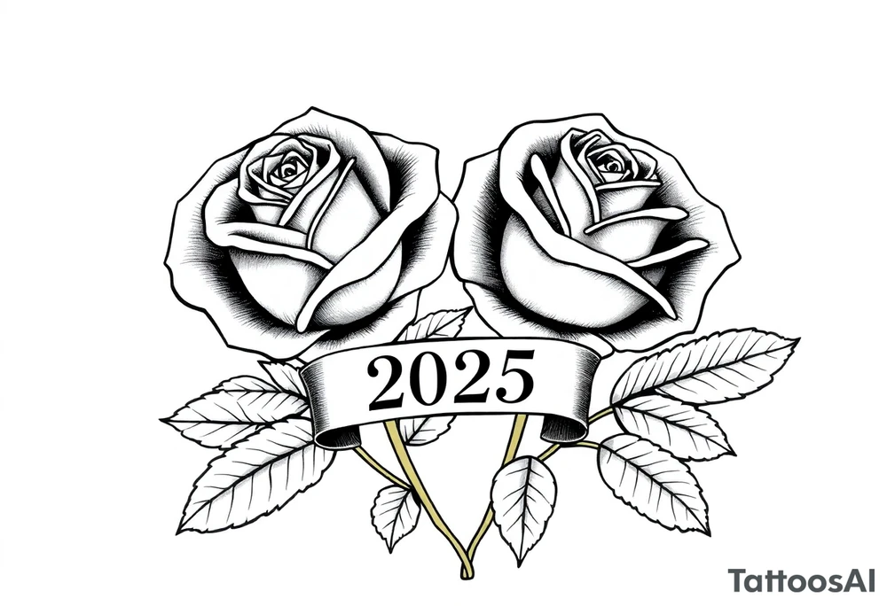 two beautiful large rose buds, one larger than the other, with lots and lots of leaves next to the rose buds, with one sitting slightly higher than the other, side-by-side.  Include a banner connecting the two roses with the year 2025 on it.   Use dark outlines with little shading. No stems tattoo idea