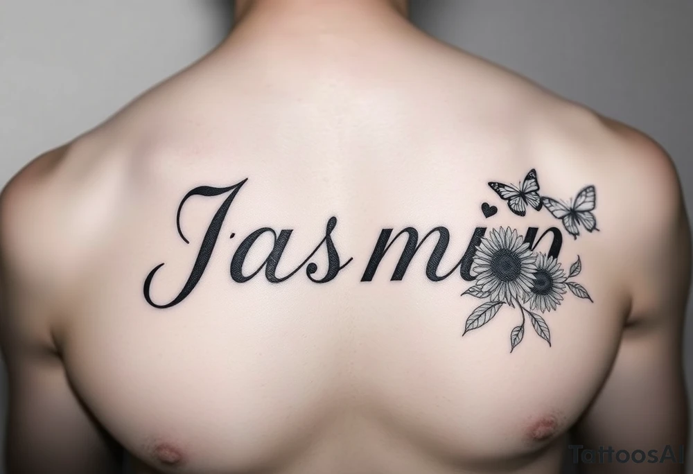 i need the name jasmin on the right side of a males chest, and with the letter “i” having a heart as the dot, and then i want some roses on the letter j and 3 sunflowers on the letter n and for it to be in cursive with some butterflies around it tattoo idea