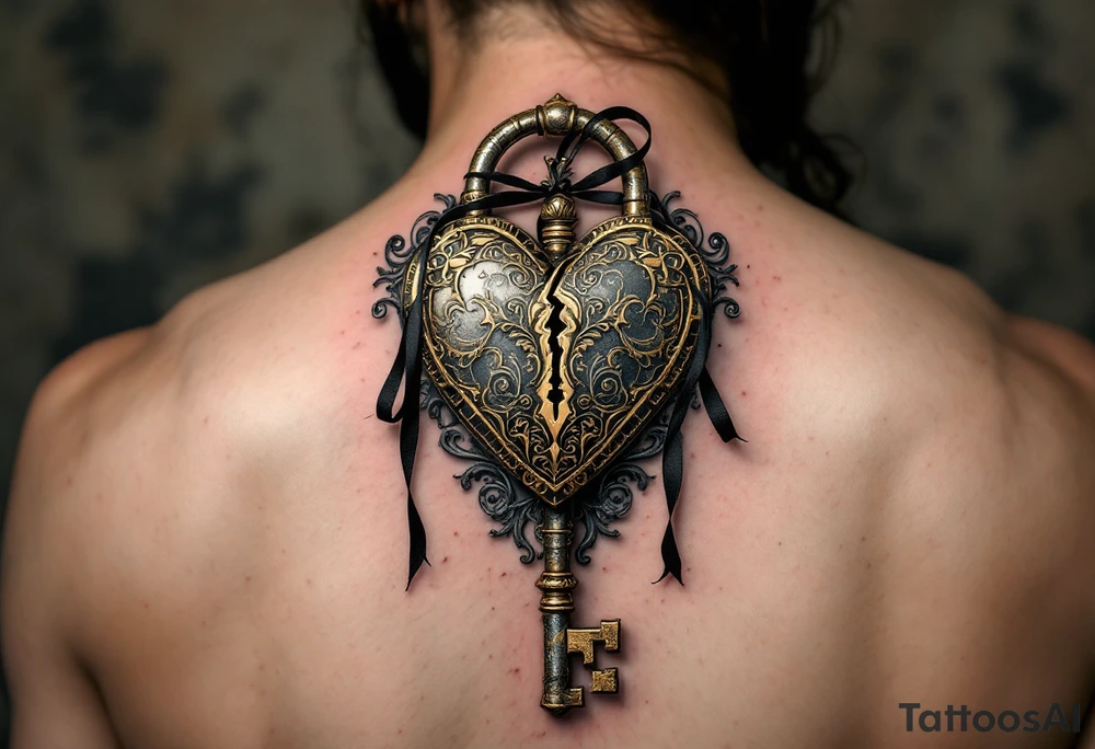 A vintage heart-shaped lock with intricate baroque detailing, cracked slightly at the center, paired with a rusted skeleton key wrapped in a thin black ribbon. The lock is shaded in antique gold and deep bronze, while the key has accents of dark silver and aged steel. Set against a soft shadow background with subtle roses or filigree placed on a calf. tattoo idea