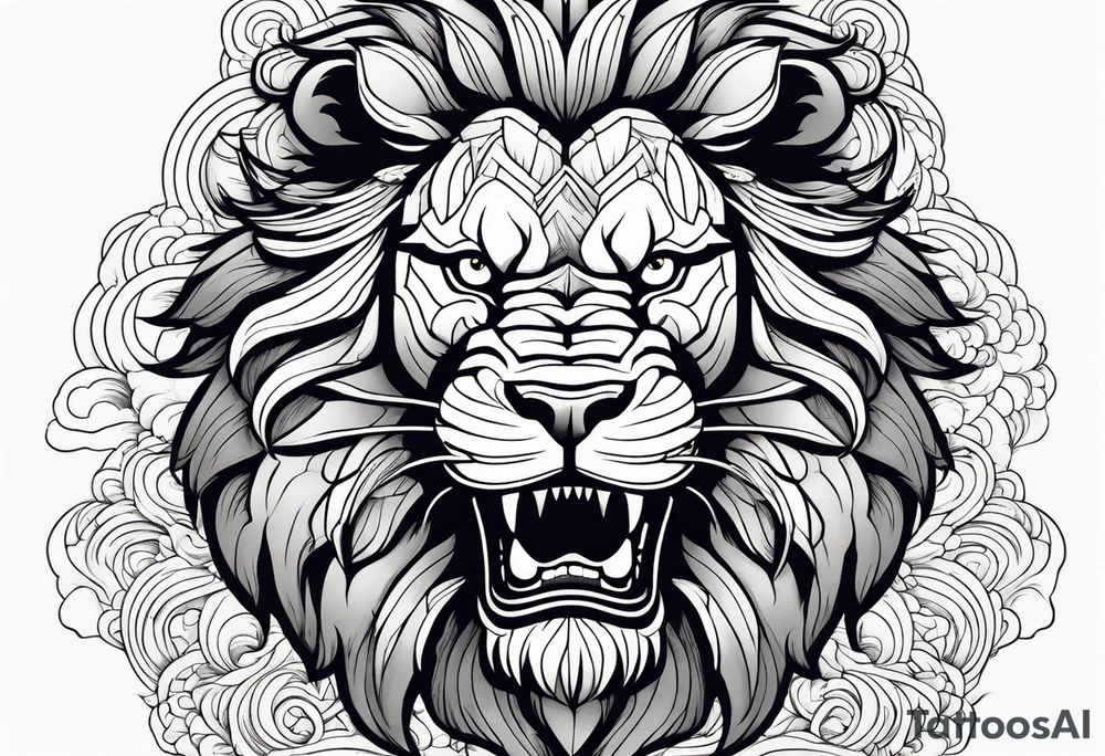 japanese lion wearing samurai with big wave on baclground tattoo idea