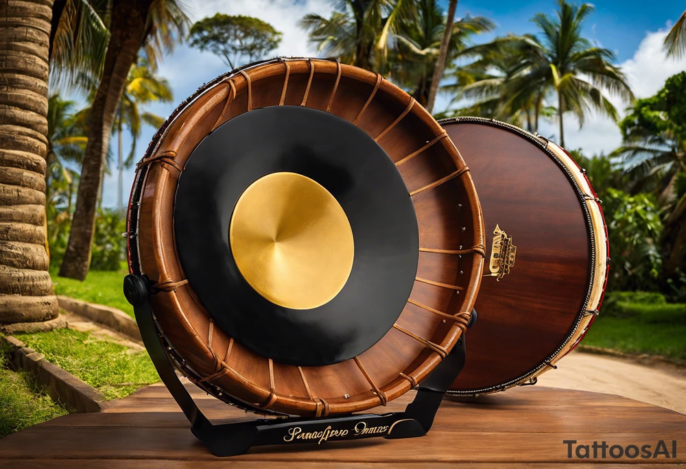 A pandeiro, a traditional Brazilian percussion instrument from pagode music, with the lyrics 'If anyone asks about me, tell them I went away' integrated into the design. The image should evoke a sense of freedom and wandering, as it represents my love for samba and my journey through different countries. The pandeiro should be the central element, with flowing musical notes surrounding it and the lyrics curving around in a handwritten style, all designed to fit as a leg tattoo. Preferably in black and white. tattoo idea