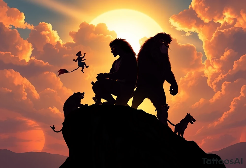 Top of the Shoulder (Crown Area):
* Mufasa in the clouds, majestic and wise, watching over everything below. Use soft shading and glowing edges to symbolize his spiritual presence.
Upper Arm (Bicep):
* Rafiki holding baby Simba up on Pride Rock. This can be the emotional centerpiece. Include sun rays breaking through clouds to give it a divine feel.
Mid Arm (Outer Bicep/Tricep):
* Scar lurking in the shadows with the three hyenas (Shenzi, Banzai, and Ed) around him, showing contrast between good and evil.
* Let the shading here be darker and more dramatic.
Inner Arm (Bicep):
* Timon and Pumbaa dancing or lounging, maybe with a small “Hakuna Matata” banner swirling above them. Their playfulness adds lightness and humor.
Forearm (Outer):
* Adult Simba and Nala side by side, looking into the distance, symbolizing growth, strength, and love.
* Behind them, a silhouette of the jungle or Pride Rock at sunset.
Forearm (Inner):
* Zazu flying mid-flight, trailing a scroll or message banner, maybe with a meaningful quote from the movie like: "Remember who you are."
Wrist/Wrap Around:
* Pawprints going around your wrist, fading out like Simba’s journey.
* Maybe a small Rafiki-drawn version of Simba’s symbol from the cave. tattoo idea
