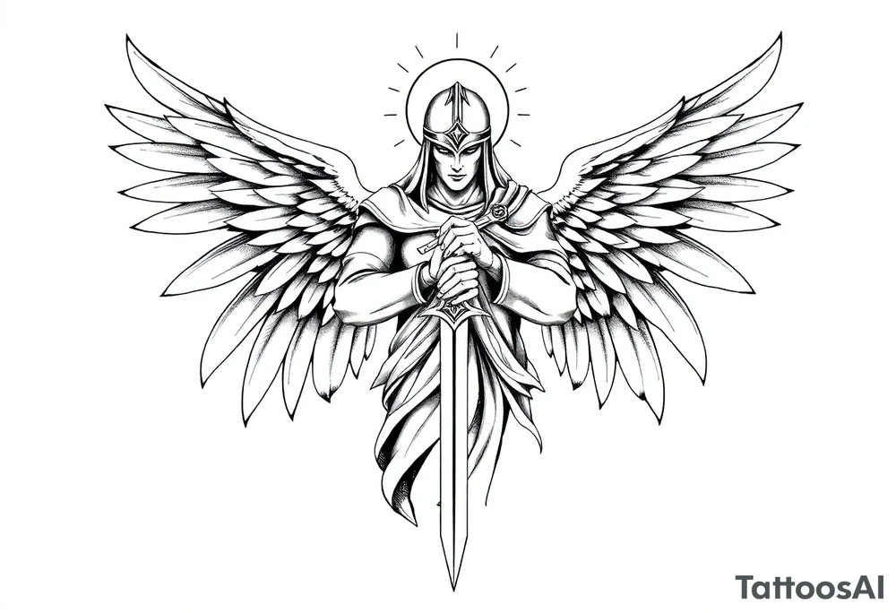 Holy Archangel, Biblical, Christianity, Guards of Christianity, Holding a sword, has six wings, wearing helmet, halo, seraphim tattoo idea