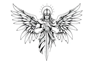 Holy Archangel, Biblical, Christianity, Guards of Christianity, Holding a sword, has six wings, wearing helmet, halo, seraphim tattoo idea