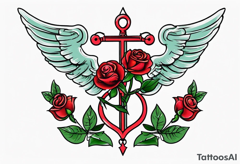 Caduceus with two roses tattoo idea