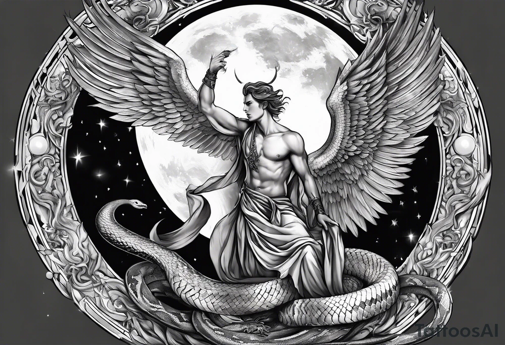 Lucifer (half male angel and half snake) wraps the moon in the sky tattoo idea