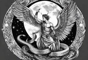 Lucifer (half male angel and half snake) wraps the moon in the sky tattoo idea