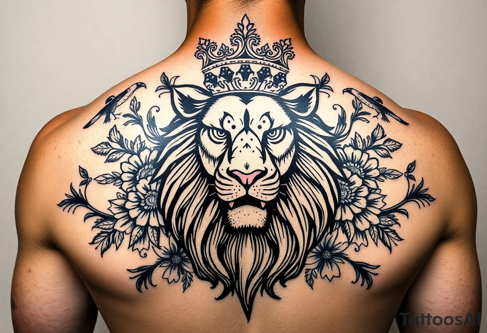 powerful majestic lion with a crown, surrounded by floral ornaments and birds tattoo idea