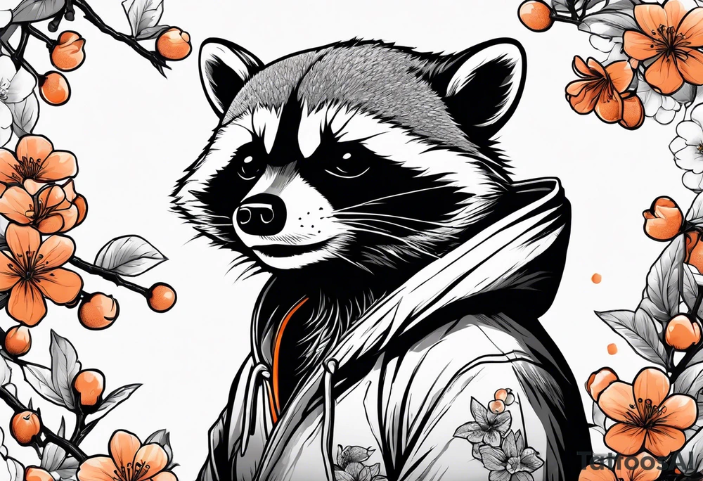 raccoon wearing a Superman hoodie with orange cherry blossoms tattoo idea