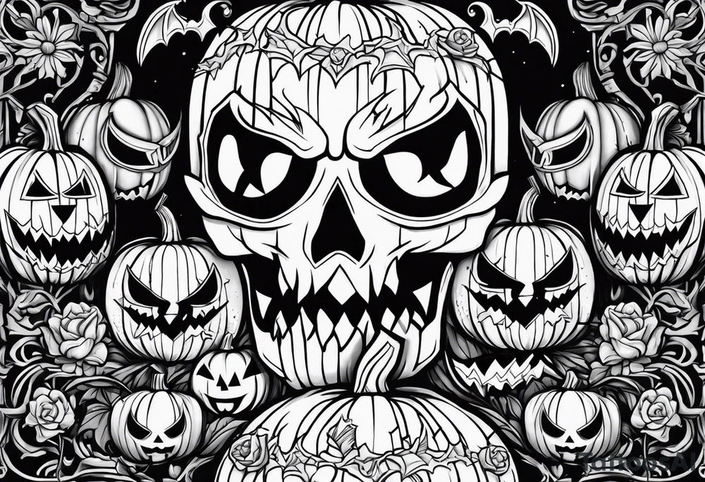 evil jack-o-lanterns on human heads with bats in caves and penny wise in the background cemetary payground tattoo idea