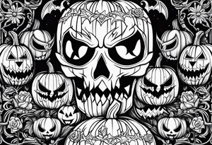 evil jack-o-lanterns on human heads with bats in caves and penny wise in the background cemetary payground tattoo idea