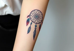 native dreamcatcher with flowing feathers and sacred beads tattoo idea