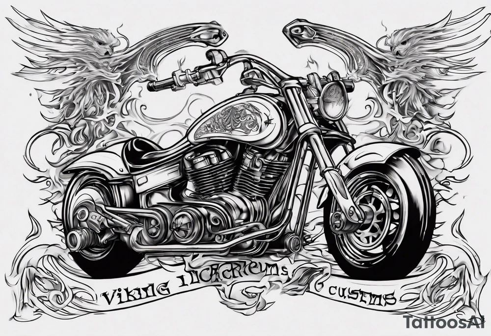 I want a detailed tattoo of a motorcycle surrounded by flames with the company name “Viking Customs” incorporated in the design tattoo idea