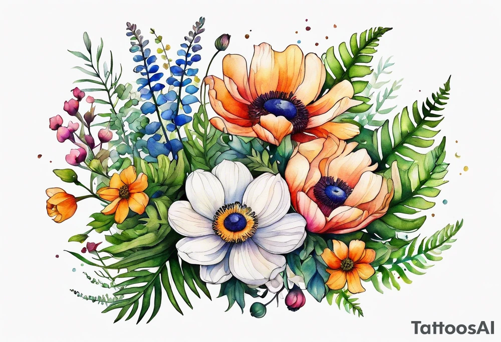 wild flowers with ferns and white anemone all watercolor tattoo idea