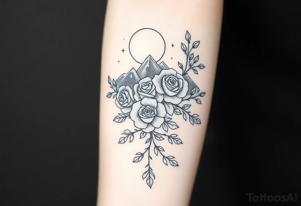 Roses wild flower vines with moon and stars mountains wrap around arm forest tattoo idea