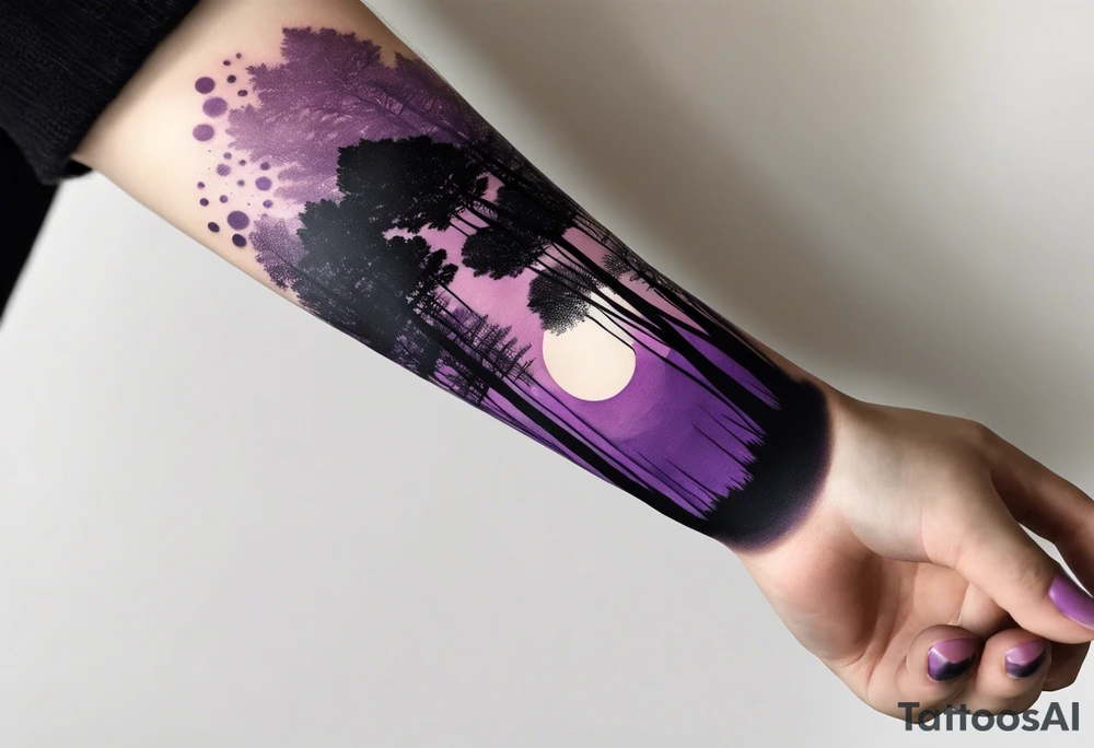 forest, abstract, on hand, no people, purple and black, full, whole wrist wrapped tattoo idea