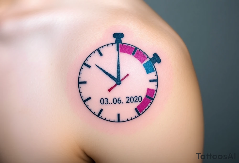 A puzzle-piece styled clock, where the missing piece contains the child’s name "AdamL and birth date "03. 06. 2020", in blue, purple, and silver tattoo idea